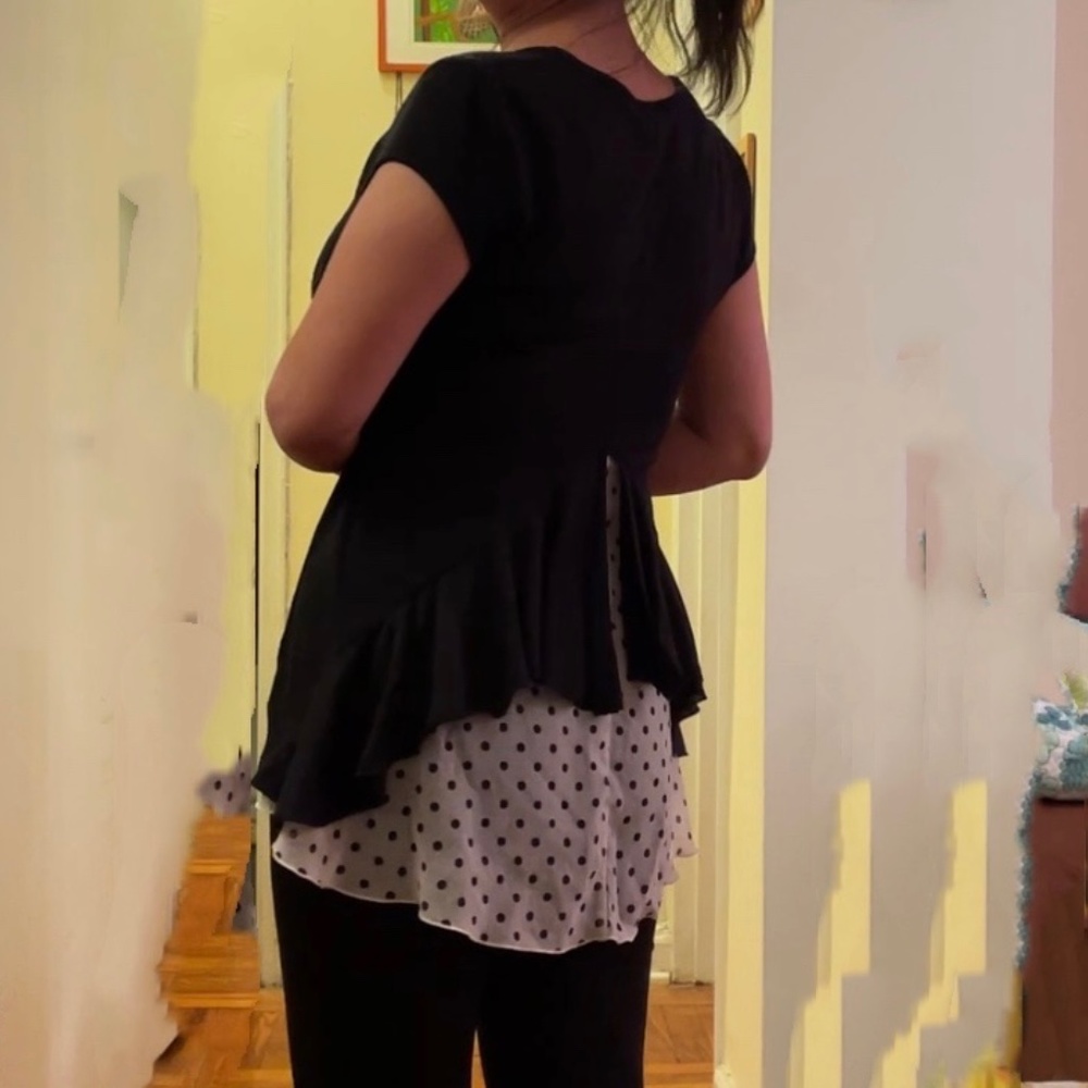 Anthropologie black Sweet Pea by Stacy Froti top with polka dot ruffles,…